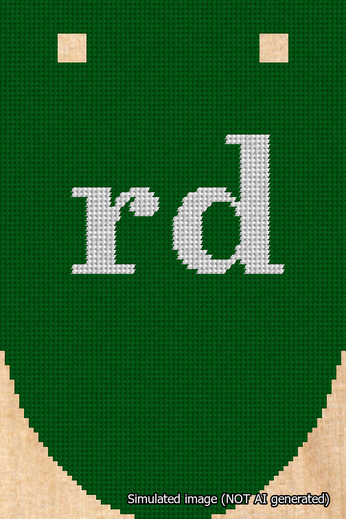 A simulated image of the stitched needlepoint design: Banner 18m Rounded rd White on Green. Not A.I. generated.