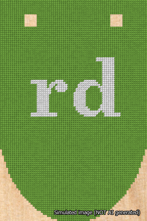 A simulated image of the stitched needlepoint design: Banner 18m Rounded rd White on Light Green. Not A.I. generated.