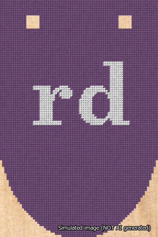 A simulated image of the stitched needlepoint design: Banner 18m Rounded rd White on Purple. Not A.I. generated.