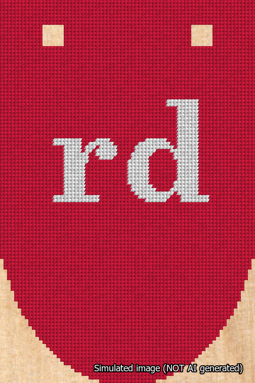 A simulated image of the stitched needlepoint design: Banner 18m Rounded rd White on Red. Not A.I. generated.