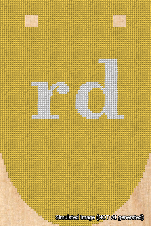 A simulated image of the stitched needlepoint design: Banner 18m Rounded rd White on Yellow. Not A.I. generated.