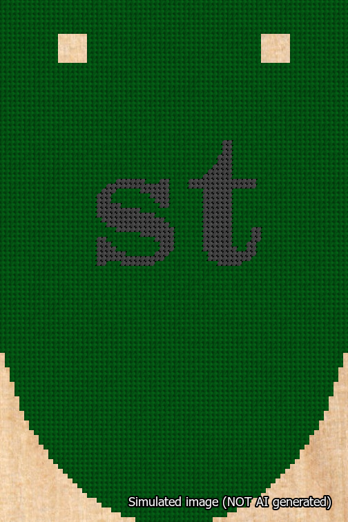 A simulated image of the stitched needlepoint design: Banner 18m Rounded st Black on Green. Not A.I. generated.