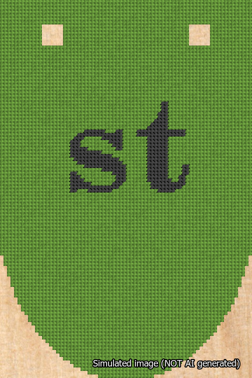 A simulated image of the stitched needlepoint design: Banner 18m Rounded st Black on Light Green. Not A.I. generated.