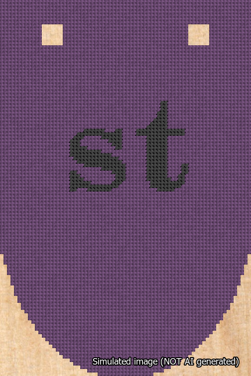 A simulated image of the stitched needlepoint design: Banner 18m Rounded st Black on Purple. Not A.I. generated.