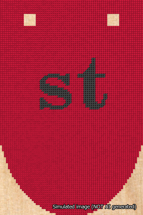 A simulated image of the stitched needlepoint design: Banner 18m Rounded st Black on Red. Not A.I. generated.