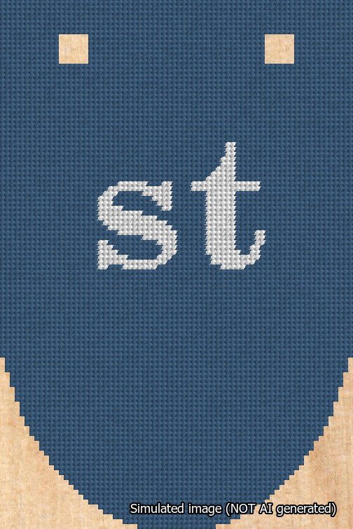 A simulated image of the stitched needlepoint design: Banner 18m Rounded st White on Blue. Not A.I. generated.
