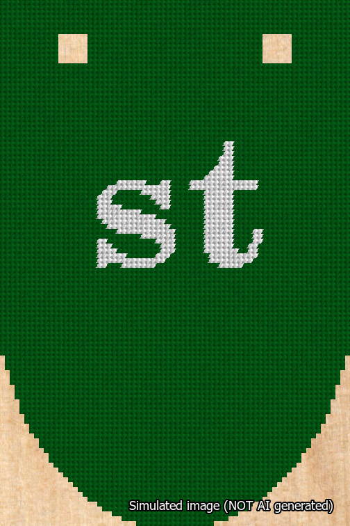 A simulated image of the stitched needlepoint design: Banner 18m Rounded st White on Green. Not A.I. generated.