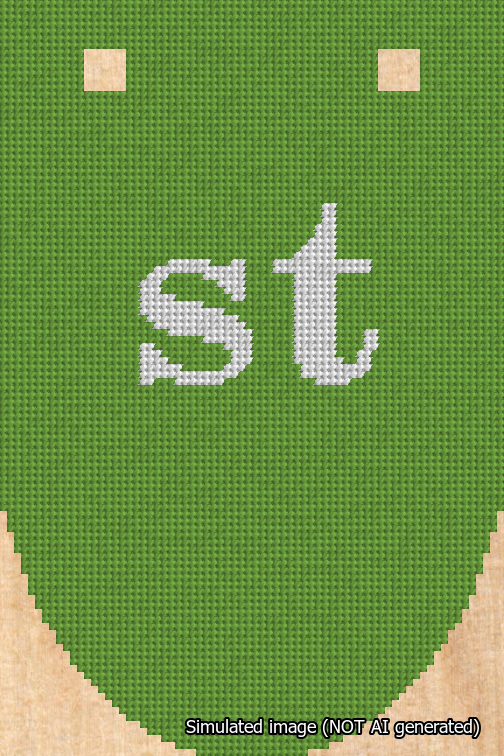A simulated image of the stitched needlepoint design: Banner 18m Rounded st White on Light Green. Not A.I. generated.