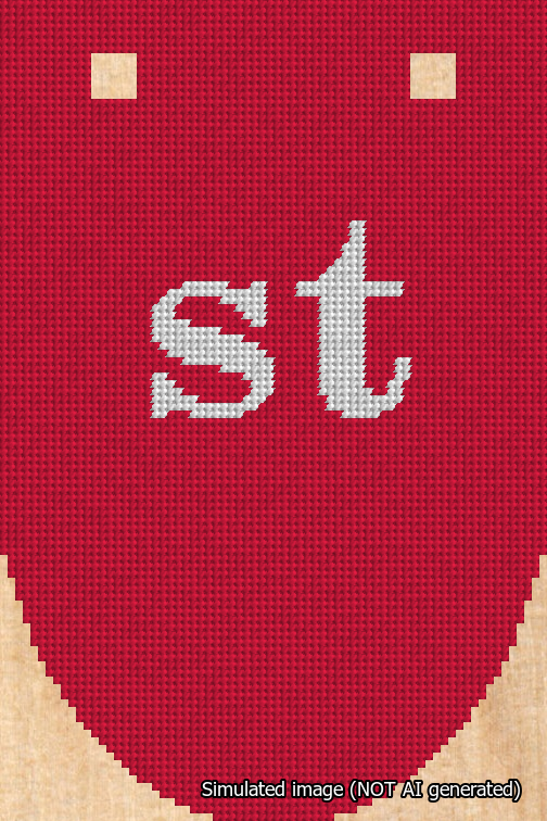 A simulated image of the stitched needlepoint design: Banner 18m Rounded st White on Red. Not A.I. generated.
