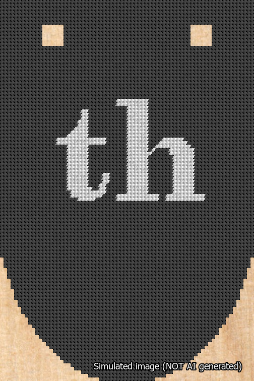 A simulated image of the stitched needlepoint design: Banner 18m Rounded th White on Black. Not A.I. generated.