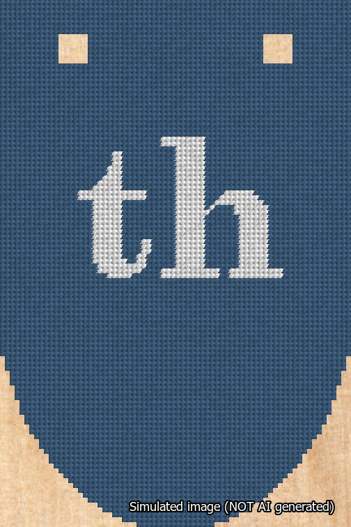 A simulated image of the stitched needlepoint design: Banner 18m Rounded th White on Blue. Not A.I. generated.