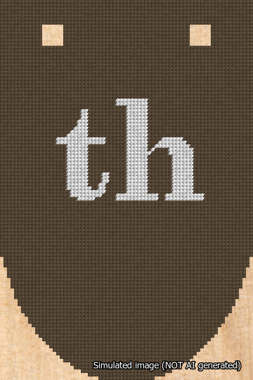 A simulated image of the stitched needlepoint design: Banner 18m Rounded th White on Brown. Not A.I. generated.