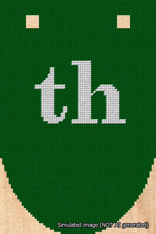 A simulated image of the stitched needlepoint design: Banner 18m Rounded th White on Green. Not A.I. generated.