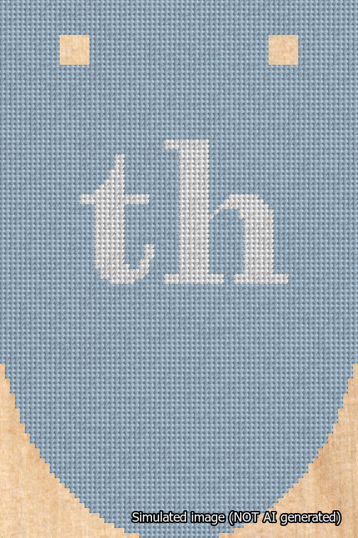 A simulated image of the stitched needlepoint design: Banner 18m Rounded th White on Light Blue. Not A.I. generated.