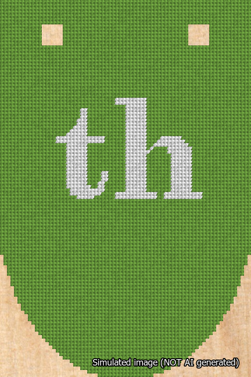 A simulated image of the stitched needlepoint design: Banner 18m Rounded th White on Light Green. Not A.I. generated.