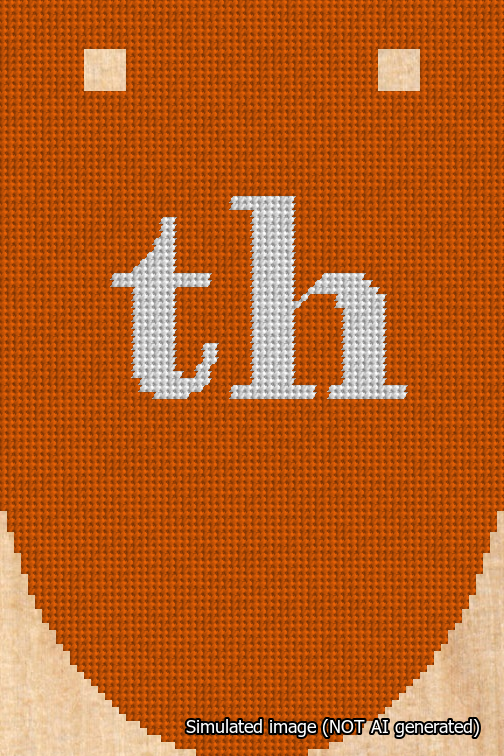 A simulated image of the stitched needlepoint design: Banner 18m Rounded th White on Orange. Not A.I. generated.