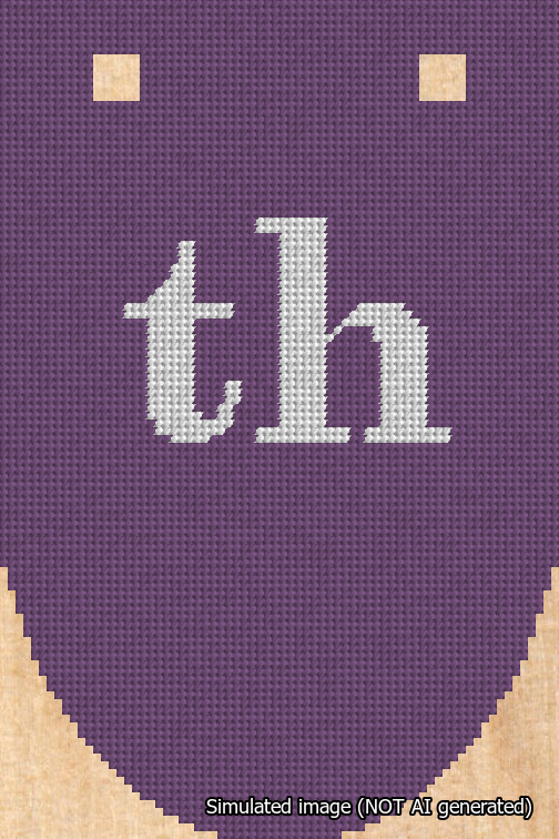 A simulated image of the stitched needlepoint design: Banner 18m Rounded th White on Purple. Not A.I. generated.