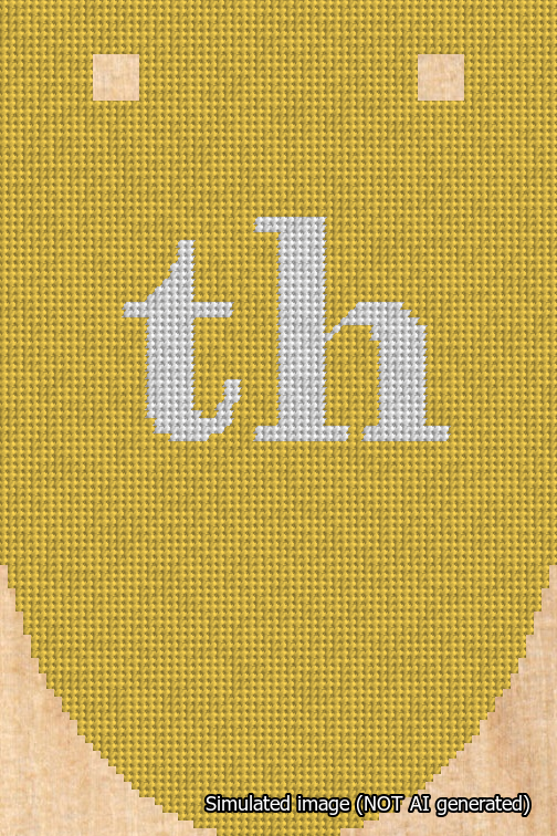 A simulated image of the stitched needlepoint design: Banner 18m Rounded th White on Yellow. Not A.I. generated.