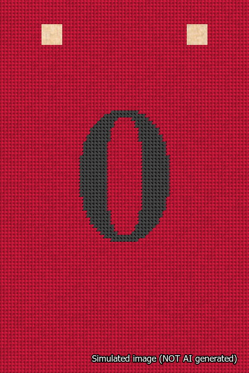 A simulated image of the stitched needlepoint design: Banner 18m Squared 0 Black on Red. Not A.I. generated.
