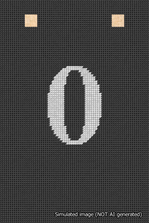 A simulated image of the stitched needlepoint design: Banner 18m Squared 0 White on Black. Not A.I. generated.