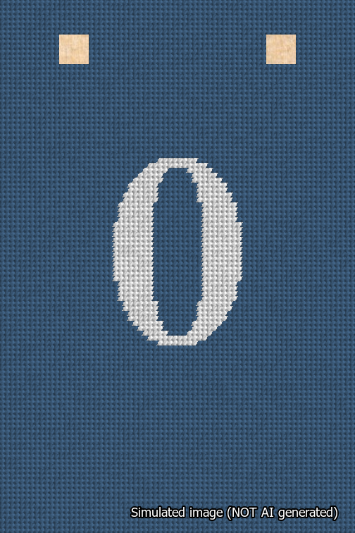 A simulated image of the stitched needlepoint design: Banner 18m Squared 0 White on Blue. Not A.I. generated.