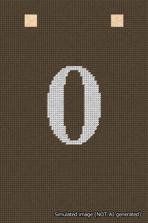 A simulated image of the stitched needlepoint design: Banner 18m Squared 0 White on Brown. Not A.I. generated.