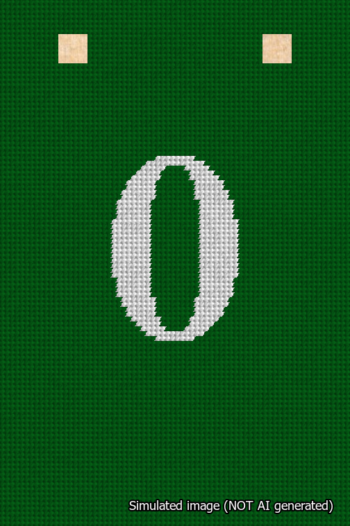 A simulated image of the stitched needlepoint design: Banner 18m Squared 0 White on Green. Not A.I. generated.