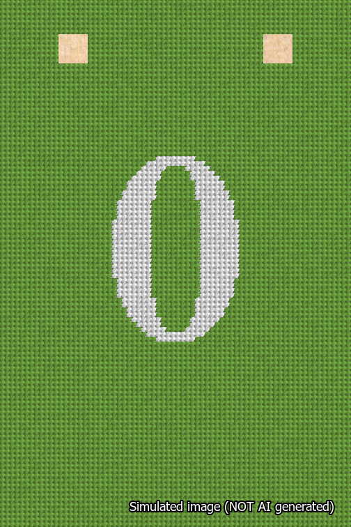 A simulated image of the stitched needlepoint design: Banner 18m Squared 0 White on Light Green. Not A.I. generated.