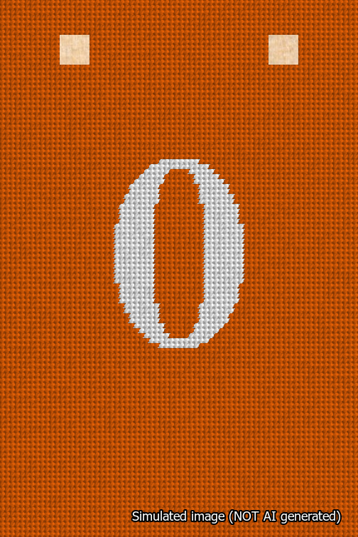 A simulated image of the stitched needlepoint design: Banner 18m Squared 0 White on Orange. Not A.I. generated.