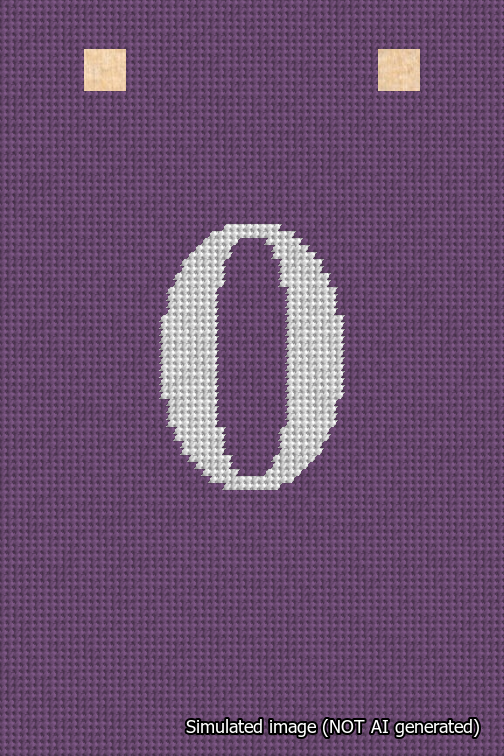 A simulated image of the stitched needlepoint design: Banner 18m Squared 0 White on Purple. Not A.I. generated.