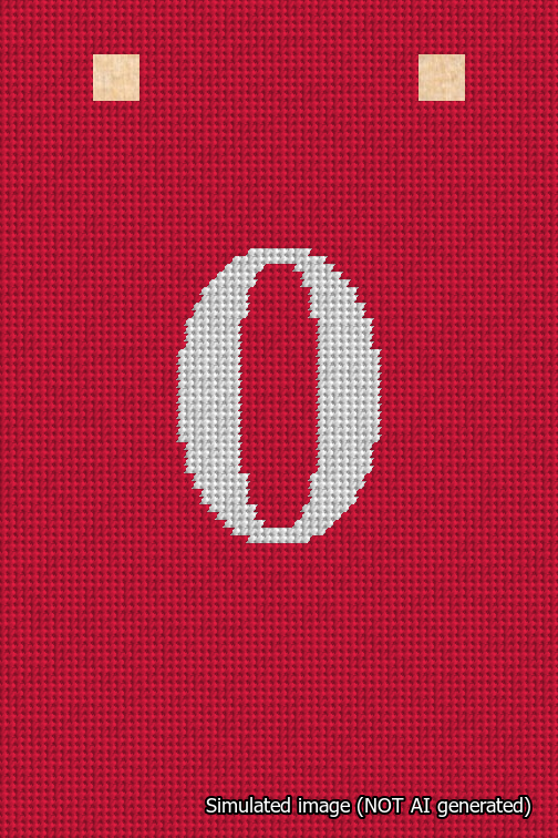 A simulated image of the stitched needlepoint design: Banner 18m Squared 0 White on Red. Not A.I. generated.
