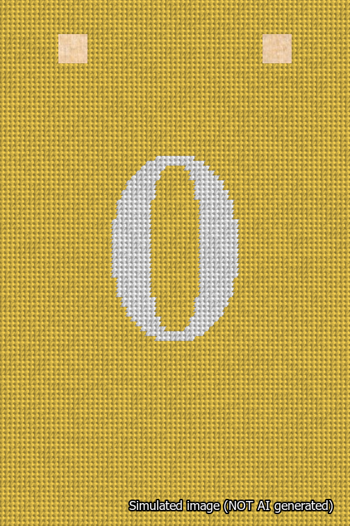 A simulated image of the stitched needlepoint design: Banner 18m Squared 0 White on Yellow. Not A.I. generated.