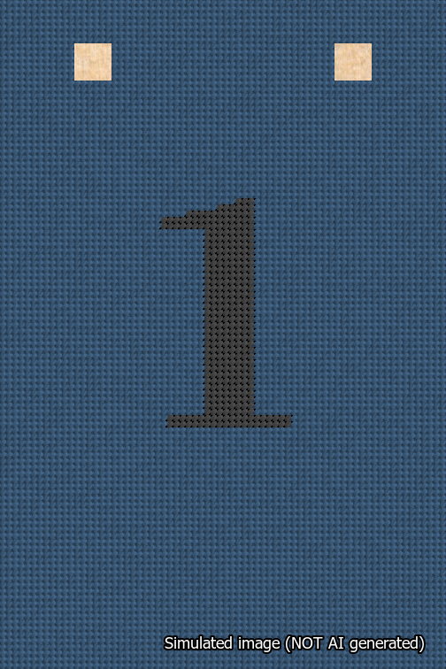 A simulated image of the stitched needlepoint design: Banner 18m Squared 1 Black on Blue. Not A.I. generated.