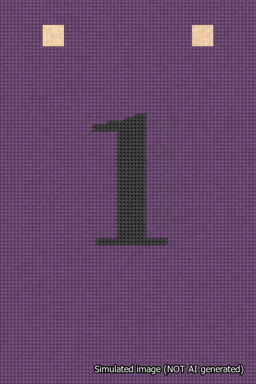 A simulated image of the stitched needlepoint design: Banner 18m Squared 1 Black on Purple. Not A.I. generated.