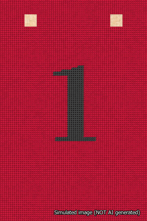 A simulated image of the stitched needlepoint design: Banner 18m Squared 1 Black on Red. Not A.I. generated.