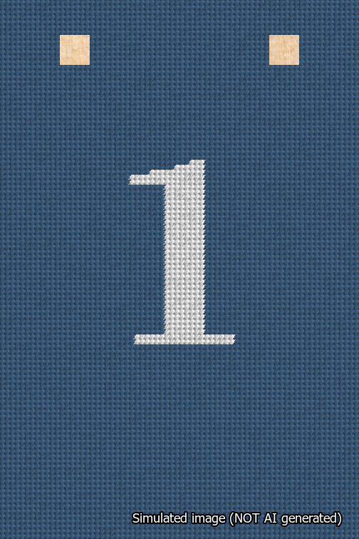 A simulated image of the stitched needlepoint design: Banner 18m Squared 1 White on Blue. Not A.I. generated.