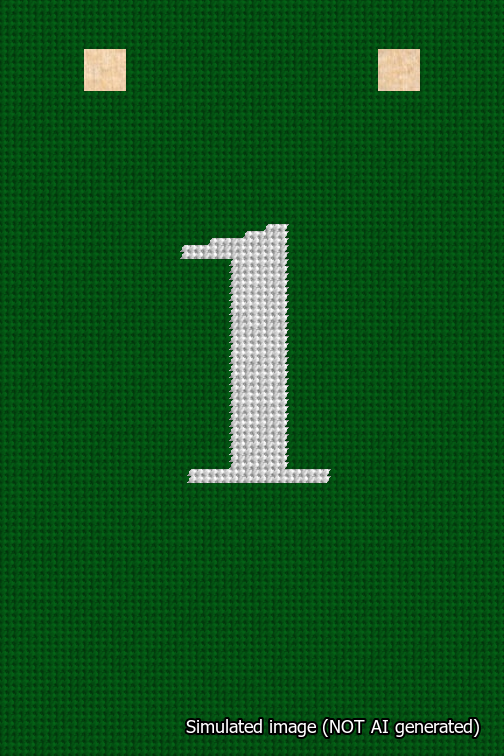 A simulated image of the stitched needlepoint design: Banner 18m Squared 1 White on Green. Not A.I. generated.