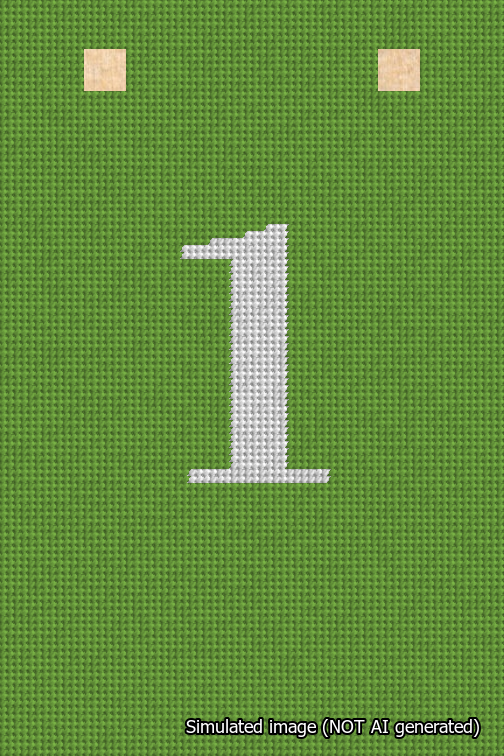 A simulated image of the stitched needlepoint design: Banner 18m Squared 1 White on Light Green. Not A.I. generated.