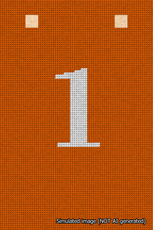 A simulated image of the stitched needlepoint design: Banner 18m Squared 1 White on Orange. Not A.I. generated.