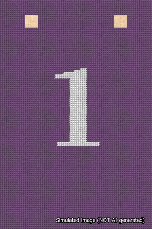 A simulated image of the stitched needlepoint design: Banner 18m Squared 1 White on Purple. Not A.I. generated.