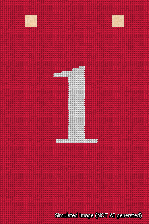 A simulated image of the stitched needlepoint design: Banner 18m Squared 1 White on Red. Not A.I. generated.