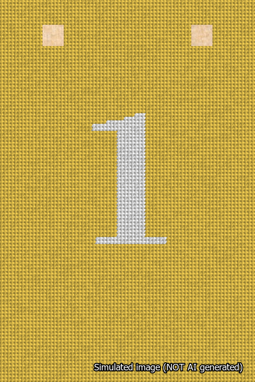 A simulated image of the stitched needlepoint design: Banner 18m Squared 1 White on Yellow. Not A.I. generated.