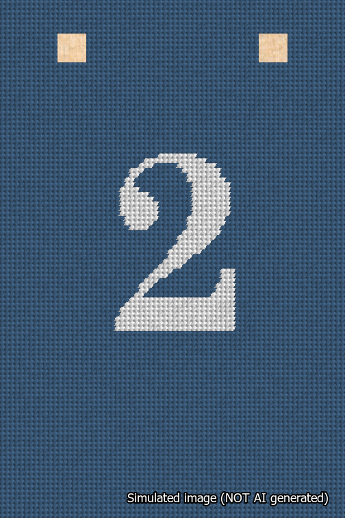 A simulated image of the stitched needlepoint design: Banner 18m Squared 2 White on Blue. Not A.I. generated.