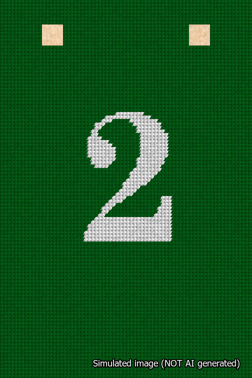 A simulated image of the stitched needlepoint design: Banner 18m Squared 2 White on Green. Not A.I. generated.