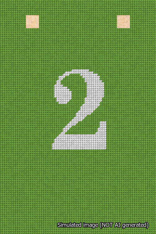 A simulated image of the stitched needlepoint design: Banner 18m Squared 2 White on Light Green. Not A.I. generated.