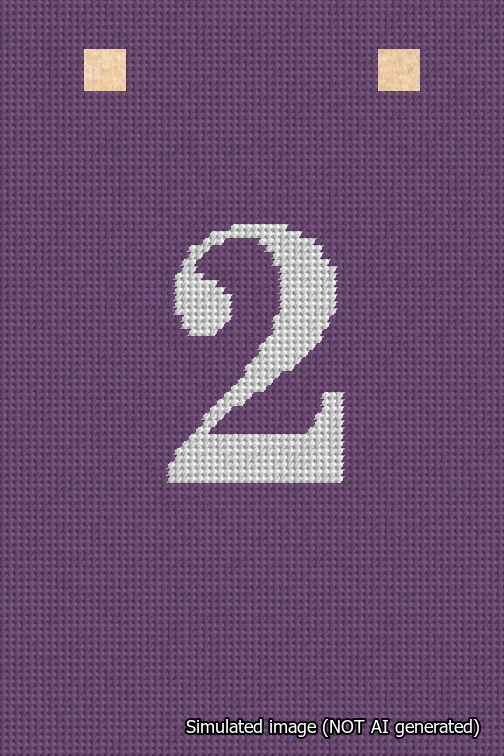 A simulated image of the stitched needlepoint design: Banner 18m Squared 2 White on Purple. Not A.I. generated.