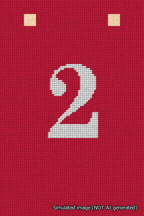 A simulated image of the stitched needlepoint design: Banner 18m Squared 2 White on Red. Not A.I. generated.