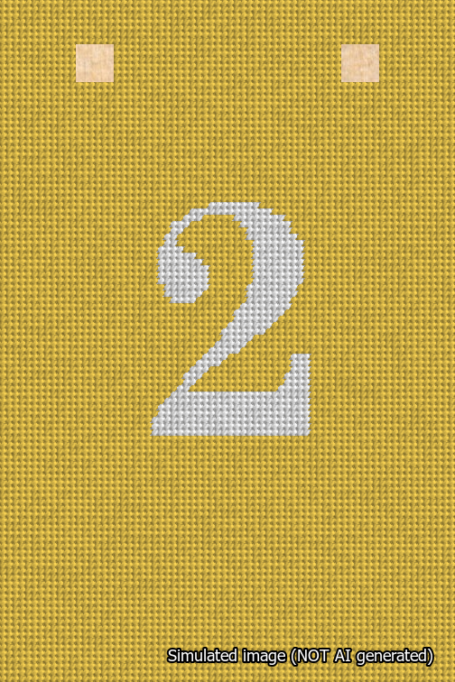 A simulated image of the stitched needlepoint design: Banner 18m Squared 2 White on Yellow. Not A.I. generated.