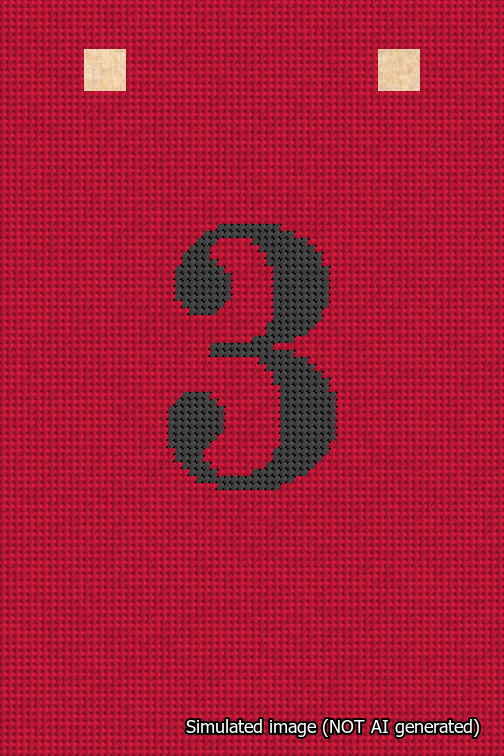 A simulated image of the stitched needlepoint design: Banner 18m Squared 3 Black on Red. Not A.I. generated.