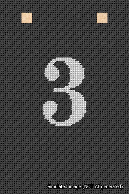 A simulated image of the stitched needlepoint design: Banner 18m Squared 3 White on Black. Not A.I. generated.